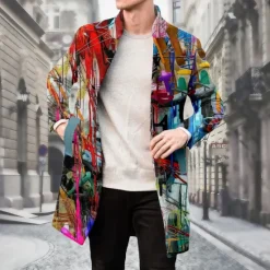 Clearance OUKU Men's Oil Painting Winter Coat Fleece Jacket Overcoat Thermal Comfortable Artistic Casual Party Daily Wear Buttons 3D Print Front Pocket Winter Turndown Long Sleeve Yellow Blue Purple