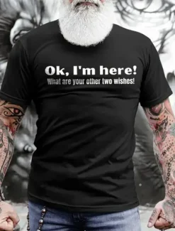 Sale OUKU Men's Ok, I'm Here! What Are Your Other Two Wishes T Shirt Graphic Tee 100% Cotton Short Sleeve Graphic Shirt Black Blue Army Green Tee Street Fashion Designer Clothing