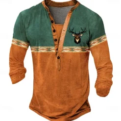 Online OUKU Men's Oktoberfest Deer Henley Shirt Long Sleeve 3D Printing Sports Fashion Daily Street Casual Daily Winter Spring & Fall Blue Brown Green Henley Henley T-Shirt
