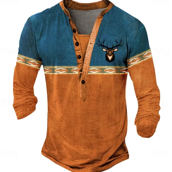 Online OUKU Men's Oktoberfest Deer Henley Shirt Long Sleeve 3D Printing Sports Fashion Daily Street Casual Daily Winter Spring & Fall Blue Brown Green Henley Henley T-Shirt
