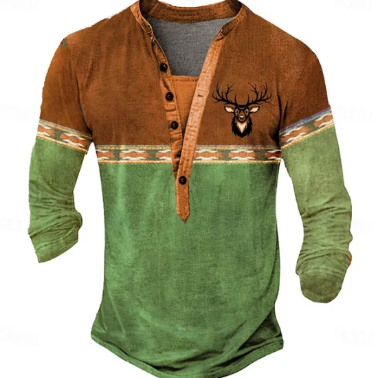 Online OUKU Men's Oktoberfest Deer Henley Shirt Long Sleeve 3D Printing Sports Fashion Daily Street Casual Daily Winter Spring & Fall Blue Brown Green Henley Henley T-Shirt