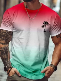 Online OUKU Men's Ombre Coconut Palm T Shirt Short Sleeve T shirt 3D Print Crew Neck Shirt Tropical Hawaiian Vacation Street Daily Blue Purple Green Summer Spring Clothing Apparel S M L XL XXL XXXL