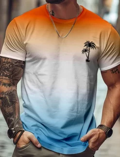 Online OUKU Men's Ombre Coconut Palm T Shirt Short Sleeve T shirt 3D Print Crew Neck Shirt Tropical Hawaiian Vacation Street Daily Blue Purple Green Summer Spring Clothing Apparel S M L XL XXL XXXL