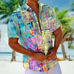 Hot OUKU Men's Ombre Geometic Casual Shirt Button Up Shirt Aloha Shirt Short Sleeve Hawaiian Resort Vacation Casual Summer Spring Turndown Button Up Blue