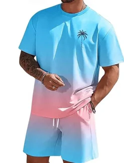 New OUKU Men's Ombre Palm Tree 2pcs Tees sets Summer Tops Short Sleeve Short Pants Crew Neck beach vacation Sport Daily Going out 3D Print Summer White Blue Green