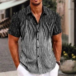 Discount OUKU Men's Optical Illusion Geometric Pattern Shirt Button Up Shirt Short Sleeve Fashion Streetwear Designer Outdoor Daily Summer Spring Turndown Print Silver Gold