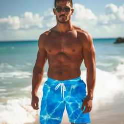 Clearance OUKU Men's Optical Illusion Geometric Pattern Waves Swimming Trunks Board Shorts Shorts Mid Waist Fashion Streetwear Designer Casual Daily Holiday Pocket Drawstring Elastic Waist Designer Clothing Apparel Blue