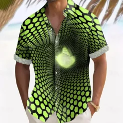 Sale OUKU Men's Optical Illusion Grid / Plaid Shirt Summer Shirt Button Up Shirt Short Sleeve Fashion Casual Outdoor Vacation Dailywear Summer Spring Turndown 3D Print Collared Shirts Front One Pocket Black