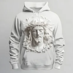 Hot OUKU Men's Optical Illusion Jesus Hoodies Sweatshirt Fashion Cool Long Sleeve Crew Neck Holiday Streetwear Drawstring Fall Winter Designer White