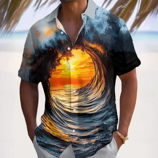 New OUKU Men's Optical Illusion Ocean Sunset Summer Hawaiian Shirt Button Up Shirt Aloha Shirt Short Sleeve Hawaiian Vacation Beach Wear Summer Spring Turndown 3D Print Collared Shirts Light Blue Black Blue