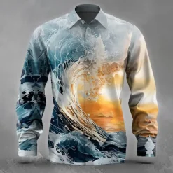 Clearance OUKU Men's Optical Illusion Ocean Sunset Shirt Button Up Shirt Long Sleeve Fashion Casual Holiday Streetwear Summer Spring Turndown 3D Print Collared Shirts Blue 1# Blue