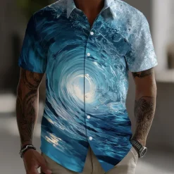 OUKU Men's Optical Illusion Ocean Waves Summer Hawaiian Shirt Button Up Shirt Aloha Shirt Short Sleeve Hawaiian Vacation Beach Wear Summer Spring Turndown 3D Print Collared Shirts Blue 2# Blue 1# Blue