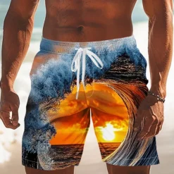 Online OUKU Men's Optical Illusion Ocean Sunset Swim Trunks Swim Shorts Board Shorts Mid Waist Streetwear Hawaiian Vacation Side Pockets Mesh Lining Elastic Drawstring Waist Designer Clothing Apparel