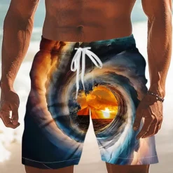 Online OUKU Men's Optical Illusion Ocean Sunset Swim Trunks Swim Shorts Board Shorts Mid Waist Streetwear Hawaiian Vacation Side Pockets Mesh Lining Elastic Drawstring Waist Designer Clothing Apparel
