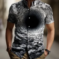 Online OUKU Men's Optical Illusion Rock Tunnel Shirt Summer Shirt Button Up Shirt Short Sleeve Fashion Casual Outdoor Daily Streetwear Summer Spring Turndown 3D Print Collared Shirts Black 1 Black