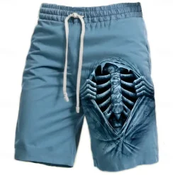 Hot OUKU Men's Optical Illusion Skeleton Halloween Costumes Sweat Shorts Beach Shorts Terry Shorts Mid Waist Vintage Casual Daily Holiday Streetwear Elastic Waist 3D Print Drawstring Designer Clothing Apparel