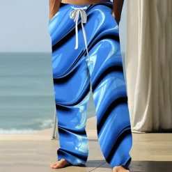 OUKU Men's Optical Illusion Waves Pants Trousers Casual Pants Mid Waist Drawstring Elastic Waist Hawaiian Outdoor Vacation Holiday Straight Leg Trousers Summer Spring Fall 3D Print Blue