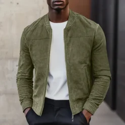 Sale OUKU Men's Outdoor Jacket Bomber Jacket Faux Suede Jacket Formal Home Zipper Pocket Fall Winter Solid Color Active Neutral Collar Regular Black Blue Brown Jacket Green