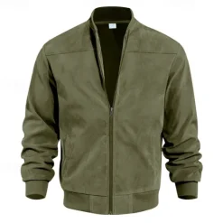 Sale OUKU Men's Outdoor Jacket Bomber Jacket Faux Suede Jacket Formal Home Zipper Pocket Fall Winter Solid Color Active Neutral Collar Regular Black Blue Brown Jacket Green