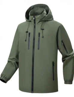 Best OUKU Men's Outdoor Jacket Zipper Pocket Multiple Pockets Spring Fall Winter Solid Color Sports Neutral Hooded Black White Army Green Rose Red Jacket