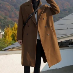 Discount OUKU Men's Overcoat Trench Coat Long Trench Coat Vacation Daily Fall & Winter Polyester Thermal Warm Windproof Outerwear Clothing Apparel Fashion Classic Plain Pocket Lapel Double Breasted