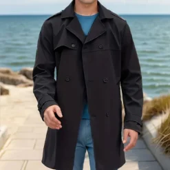 Clearance OUKU Men's Overcoat Trench Coat Long Trench Coat Daily Vacation Fall & Winter Polyester Windproof Soft Outerwear Clothing Apparel Fashion Classic Plain Pocket Lapel Double Breasted
