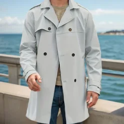 Clearance OUKU Men's Overcoat Trench Coat Long Trench Coat Daily Vacation Fall & Winter Polyester Windproof Soft Outerwear Clothing Apparel Fashion Classic Plain Pocket Lapel Double Breasted