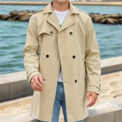 Clearance OUKU Men's Overcoat Trench Coat Long Trench Coat Daily Vacation Fall & Winter Polyester Windproof Soft Outerwear Clothing Apparel Fashion Classic Plain Pocket Lapel Double Breasted