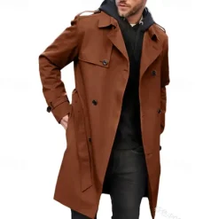 Clearance OUKU Men's Overcoat Trench Coat Long Trench Coat Daily Vacation Fall & Winter Polyester Windproof Soft Outerwear Clothing Apparel Fashion Classic Plain Pocket Lapel Double Breasted