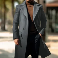 Clearance OUKU Men's Overcoat Trench Coat Long Trench Coat Daily Vacation Fall & Winter Polyester Windproof Soft Outerwear Clothing Apparel Fashion Classic Plain Pocket Lapel Double Breasted
