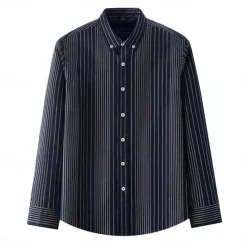 Online OUKU Men's Oxford Shirt Black Navy Blue Green Light Grey Dark Grey Long Sleeve Striped Vertical Stripes Button Down Collar School Wedding Buttons Clothing Apparel Neutral Fashion Daily