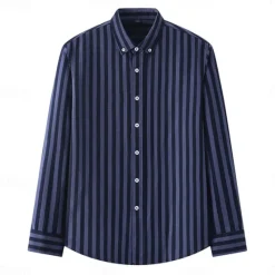 Online OUKU Men's Oxford Shirt Black Navy Blue Green Light Grey Dark Grey Long Sleeve Striped Vertical Stripes Button Down Collar School Wedding Buttons Clothing Apparel Neutral Fashion Daily