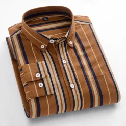 OUKU Men's Oxford Shirt Brown Green Dark Grey Taupe Long Sleeve Color Block Striped Button Down Collar School Wedding Buttons Clothing Apparel Neutral Fashion Daily