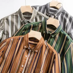 OUKU Men's Oxford Shirt Brown Green Dark Grey Taupe Long Sleeve Color Block Striped Button Down Collar School Wedding Buttons Clothing Apparel Neutral Fashion Daily