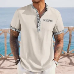 Discount OUKU Men's Paisley Ethnic Shirt Henley Shirt Stand Collar Shirt Short Sleeve Vintage Retro Vacation Daily Summer Spring Mandarin Collar Band Collar Buttons Front One Pocket Linen Like Shirt Pink Blue