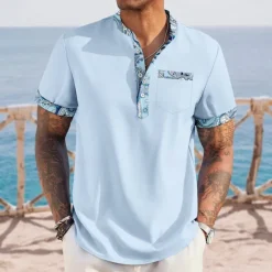 Discount OUKU Men's Paisley Ethnic Shirt Henley Shirt Stand Collar Shirt Short Sleeve Vintage Retro Vacation Daily Summer Spring Mandarin Collar Band Collar Buttons Front One Pocket Linen Like Shirt Pink Blue