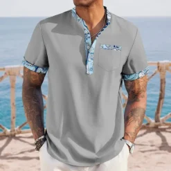 Discount OUKU Men's Paisley Ethnic Shirt Henley Shirt Stand Collar Shirt Short Sleeve Vintage Retro Vacation Daily Summer Spring Mandarin Collar Band Collar Buttons Front One Pocket Linen Like Shirt Pink Blue