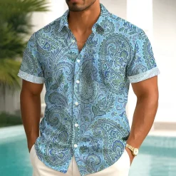 Discount OUKU Men's Paisley Floral Print Flowers Shirt Summer Shirt Button Up Shirt Short Sleeve Ethnic Vintage Retro Outdoor Vacation Dailywear Summer Spring Turndown 3D Print Collared Shirts Front One Pocket