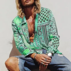Online OUKU Men's Paisley Tribal Shirt Boho Shirt Long Sleeve Fashion Designer Casual Outdoor Casual Daily Spring & Fall Turndown 3D Button-Down Light Pink Yellow Blue Green