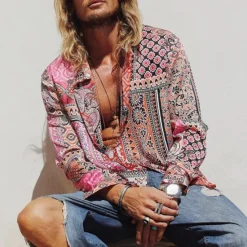 Online OUKU Men's Paisley Tribal Shirt Boho Shirt Long Sleeve Fashion Designer Casual Outdoor Casual Daily Spring & Fall Turndown 3D Button-Down Light Pink Yellow Blue Green