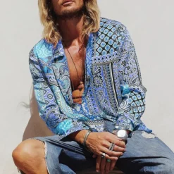 Online OUKU Men's Paisley Tribal Shirt Boho Shirt Long Sleeve Fashion Designer Casual Outdoor Casual Daily Spring & Fall Turndown 3D Button-Down Light Pink Yellow Blue Green