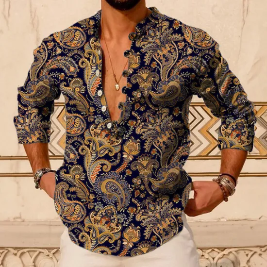 New OUKU Men's Paisley Vintage Shirt Button Up Shirt Long Sleeve Vintage Fashion Streetwear Outdoor Casual Daily Summer Spring Fall Stand Collar Print Pink Blue Brown Green