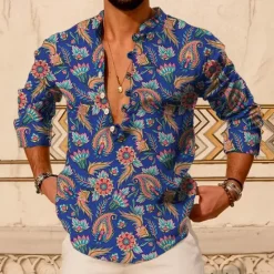 New OUKU Men's Paisley Vintage Shirt Button Up Shirt Long Sleeve Vintage Fashion Streetwear Outdoor Casual Daily Summer Spring Fall Stand Collar Print Pink Blue Brown Green