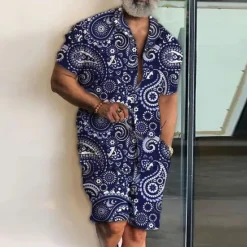 Discount OUKU Men's Paisley Vintage Tropical Flowers 2pcs Shirts Sets Summer Hawaiian Shirt Short Sleeve Short Pants Cuban Collar Fashion Streetwear Designer Outdoor Street Casual Print Summer Spring Black Navy