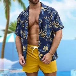 Hot OUKU Men's Palm Leaf Casual Shirt Aloha Shirt Short Sleeve Hawaiian Resort Vacation Casual Summer Spring Turndown Button Up Blue