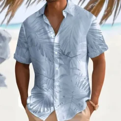 Hot OUKU Men's Palm Leaf Casual Shirt Summer Hawaiian Shirt Aloha Shirt Short Sleeve Hawaiian Resort Vacation Casual Summer Spring Turndown Button Up White Pink Blue Green Beige
