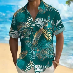 Hot OUKU Men's Palm Leaf Casual Shirt Summer Hawaiian Shirt Aloha Shirt Short Sleeve Hawaiian Resort Vacation Casual Summer Spring Turndown Button Up Blue Green