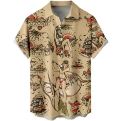 Discount OUKU Men's Palm Leaf Pin Up Girl Shirt Summer Hawaiian Shirt Aloha Shirt Short Sleeve Shirt Turndown Vintage Fashion Designer Vacation Casual Daily Yellow Blue Brown Print S M L