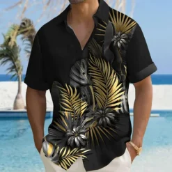 Clearance OUKU Men's Palm Leaf Tropical Plants Summer Hawaiian Shirt Aloha Shirt Short Sleeves Shirt Turndown Hawaiian Casual Resort Outdoor Vacation Street Black Grey Black Gold S M L