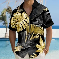 Clearance OUKU Men's Palm Leaf Tropical Plants Summer Hawaiian Shirt Aloha Shirt Short Sleeves Shirt Turndown Hawaiian Casual Resort Outdoor Vacation Street Black Grey Black Gold S M L